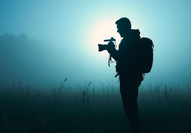 Een professionele fotograaf die een lens verwisselt in een veld met laaghangende mist