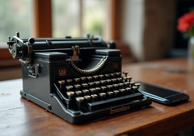Een close-up van een ouderwetse typemachine naast een moderne smartphone op een houten bureau