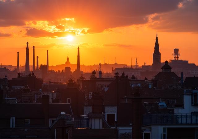 Uitzicht over de daken van Tilburg tijdens het gouden uur met de contouren van industriële erfgoed